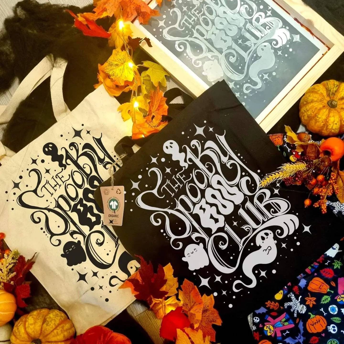 Halloween, ghost, spooky boo club, sad ghost, one of a kind, handpressed ecofriendly, organic, fairtrade totebag, glow in the dark