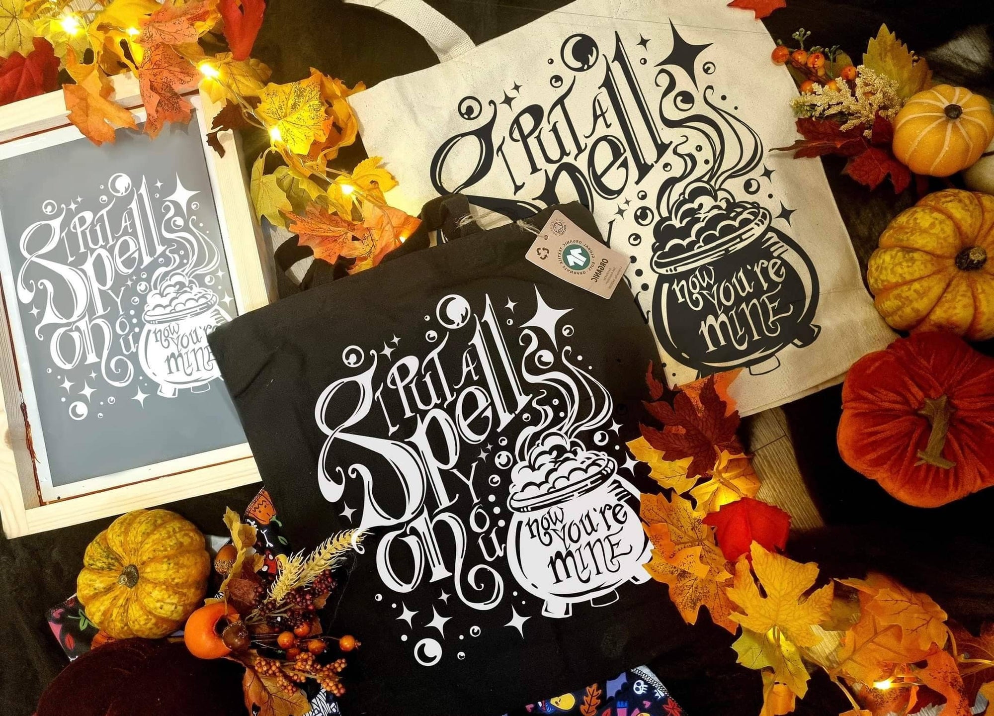 I put a spell on you, coldran, witch, hocus pocus, handmade eco-friendly, organic, farmer friendly, art tote bag, glow in the dark.