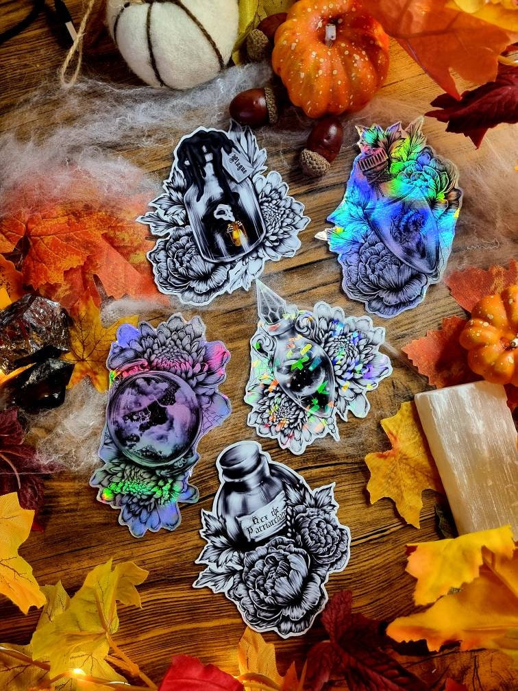 Magical, witchy, potion bottles, hex the patriarchy, storms, moon, heart, plauge, cute, cartoon, art, illustrated gloss,holographic, magnet