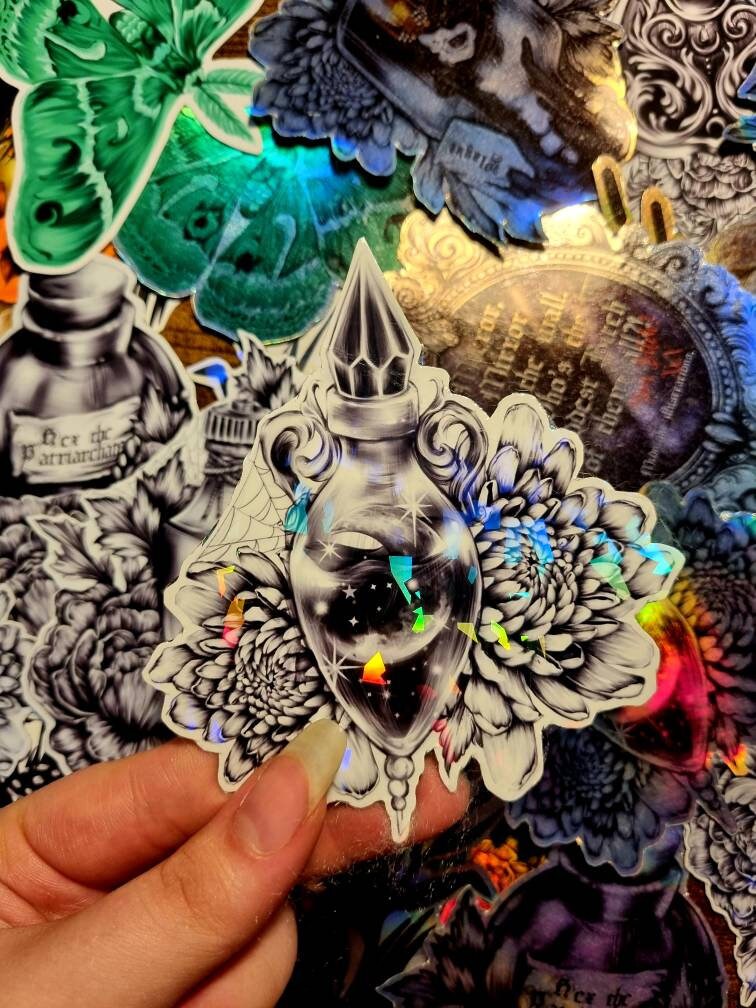 Magical, witchy, potion bottles, hex the patriarchy, storms, moon, heart, plauge, cute, cartoon, art, illustrated gloss,holographic, magnet