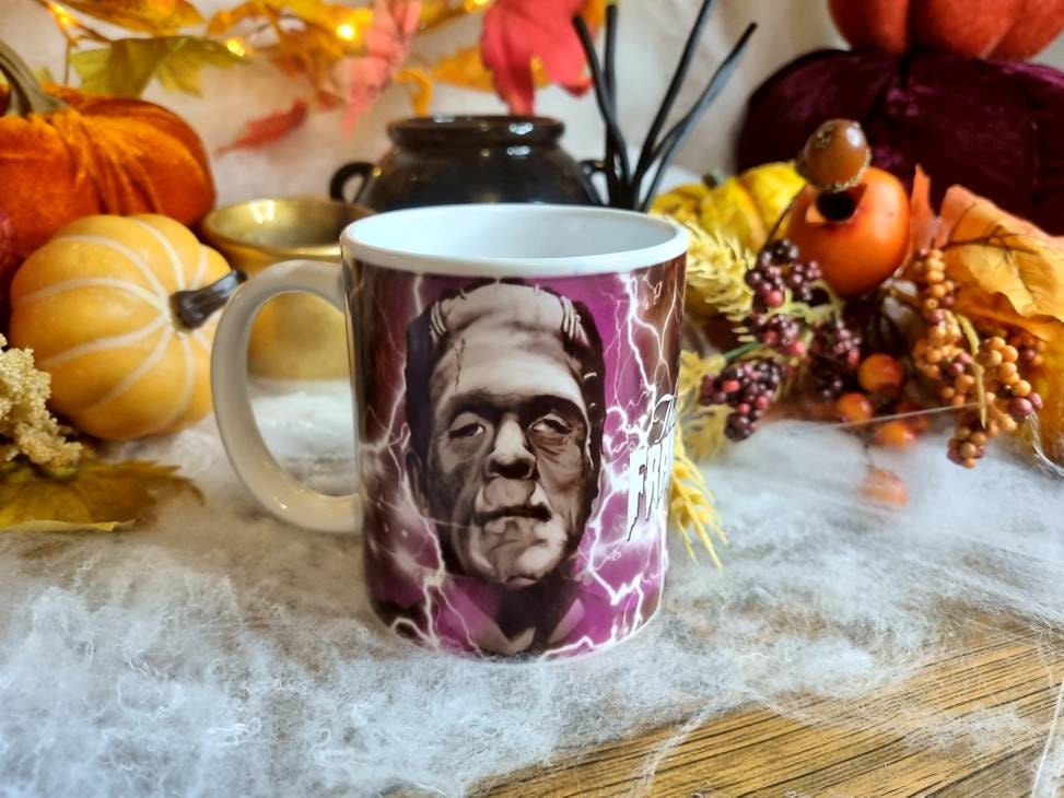 Bride of Frankenstein one of a kind unique illustrated art design handmade, handpressed mug, tea cup. Mug horror halloween spooky vintage
