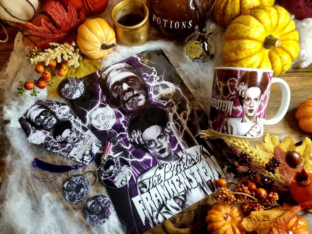 Bride of Frankenstein one of a kind unique illustrated art design handmade, handpressed mug, tea cup. Mug horror halloween spooky vintage
