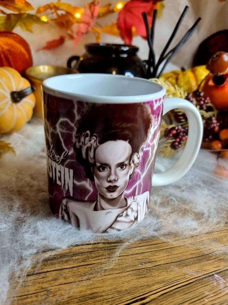 Bride of Frankenstein one of a kind unique illustrated art design handmade, handpressed mug, tea cup. Mug horror halloween spooky vintage