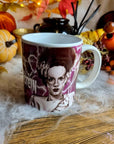 Bride of Frankenstein one of a kind unique illustrated art design handmade, handpressed mug, tea cup. Mug horror halloween spooky vintage