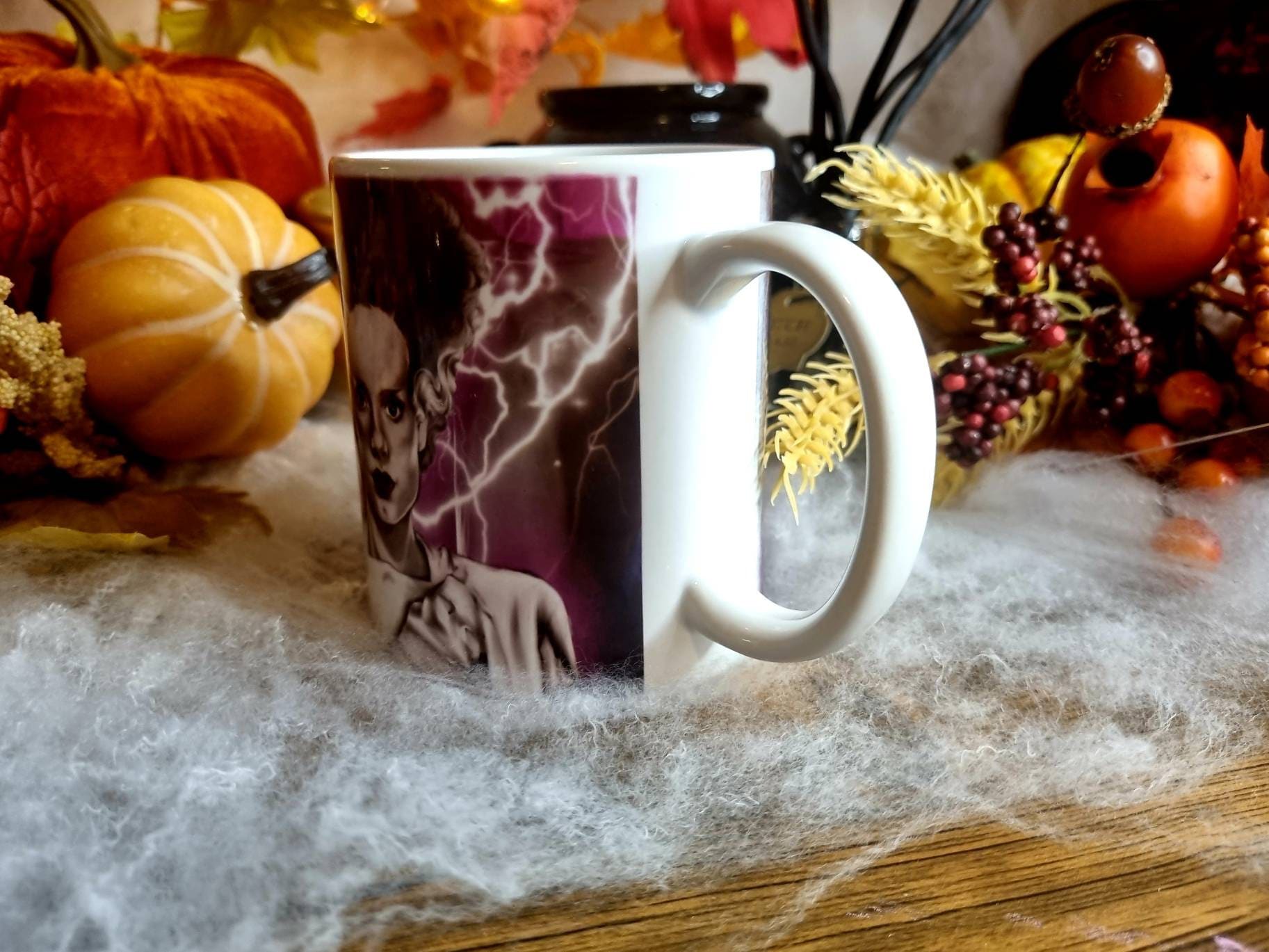 Bride of Frankenstein one of a kind unique illustrated art design handmade, handpressed mug, tea cup. Mug horror halloween spooky vintage