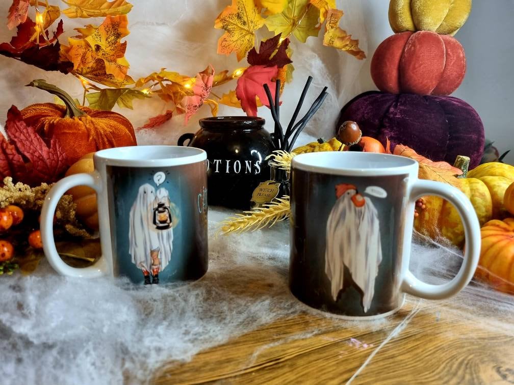 Bedsheet ghosts, ghosts, Halloween, spooky ghosts illustration art funny mugs, cup horror, punny ghost. I'm here for the boos. Ghosted.