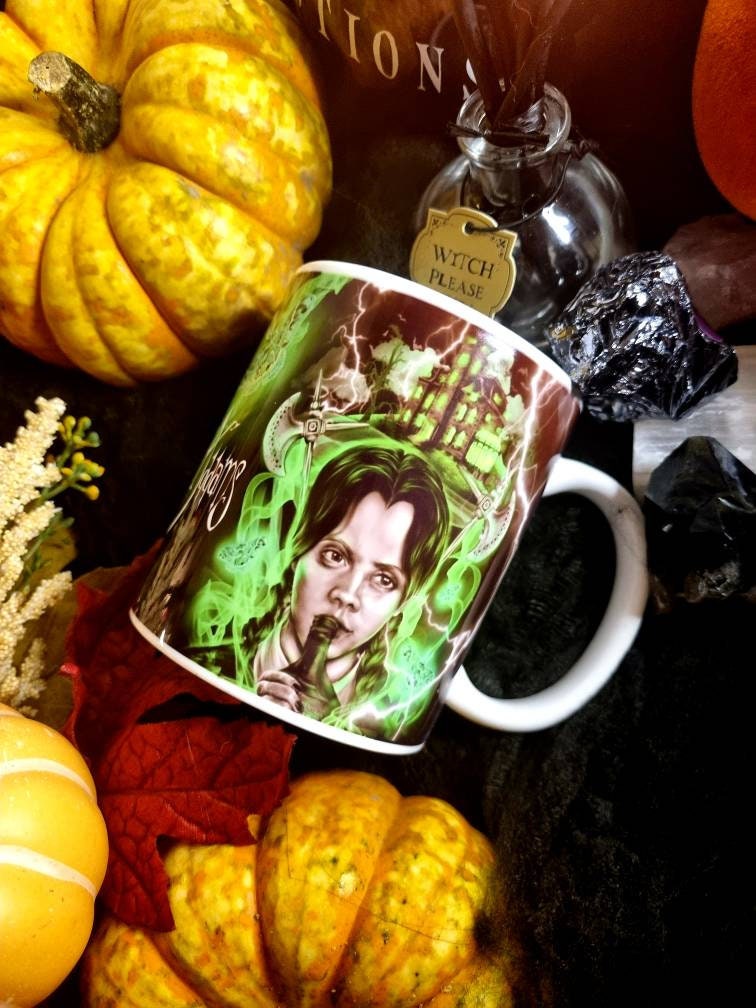 Wednesday Adams, Adams family, horror, spooky, Halloween, one of a kind illustration art design mug. Perfect gothic gift tea cup
