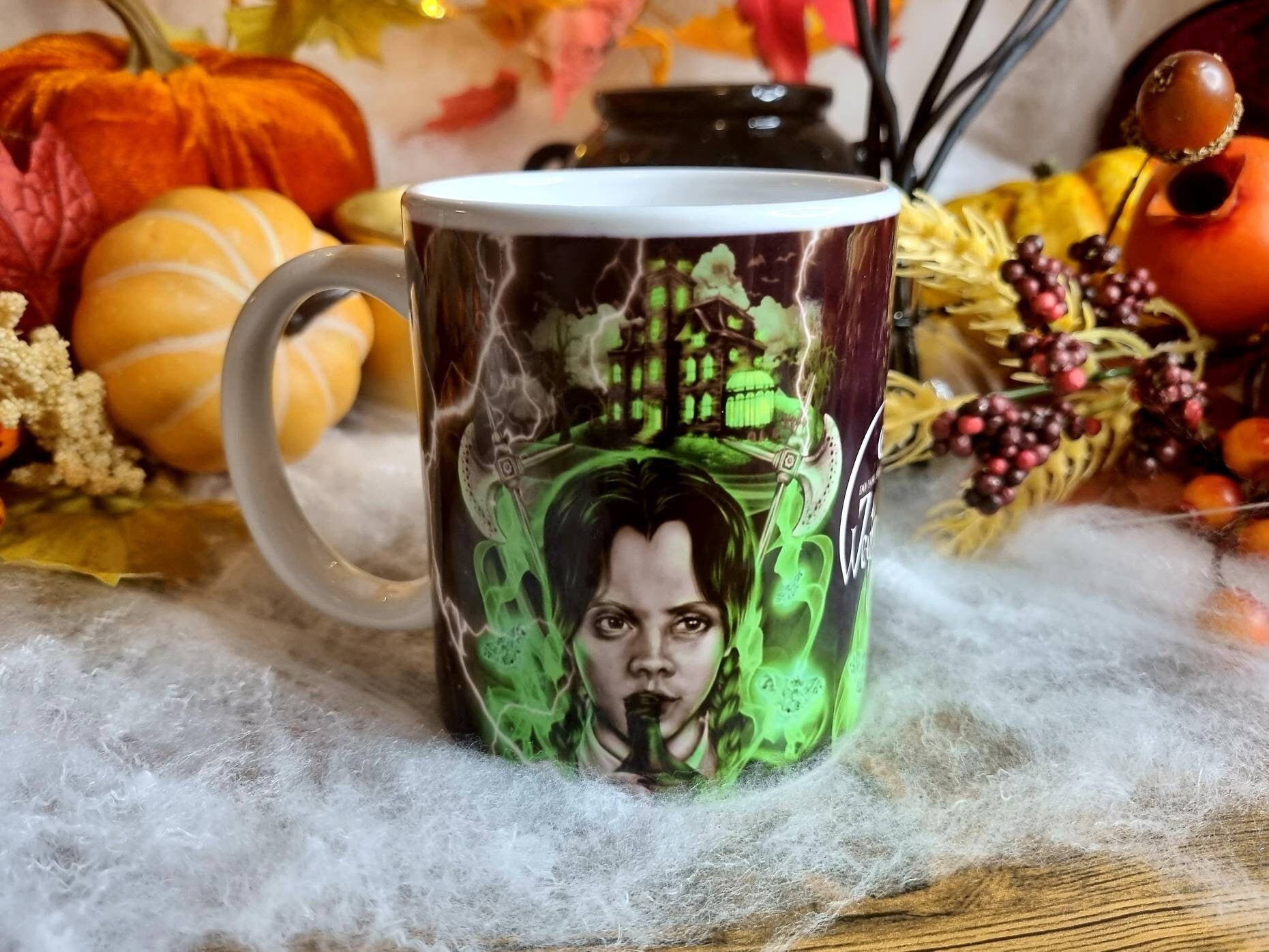Wednesday Adams, Adams family, horror, spooky, Halloween, one of a kind illustration art design mug. Perfect gothic gift tea cup