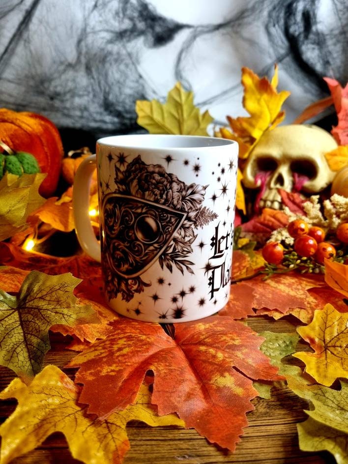 Ouiji plancheet, ouijia, ghothic, illustration ,ghost, art one of a kind, fun, spooky halloween, tea cup, mug, hand pressed
