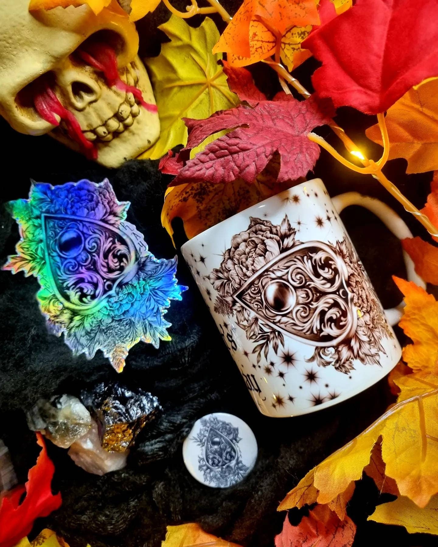 Ouiji plancheet, ouijia, ghothic, illustration ,ghost, art one of a kind, fun, spooky halloween, tea cup, mug, hand pressed