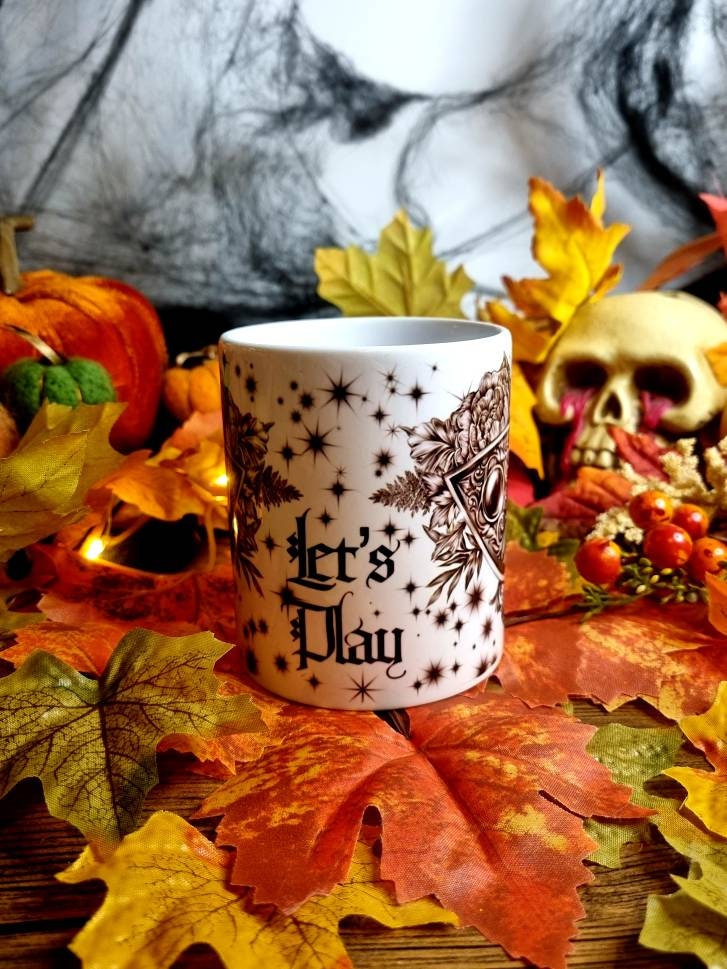 Ouiji plancheet, ouijia, ghothic, illustration ,ghost, art one of a kind, fun, spooky halloween, tea cup, mug, hand pressed
