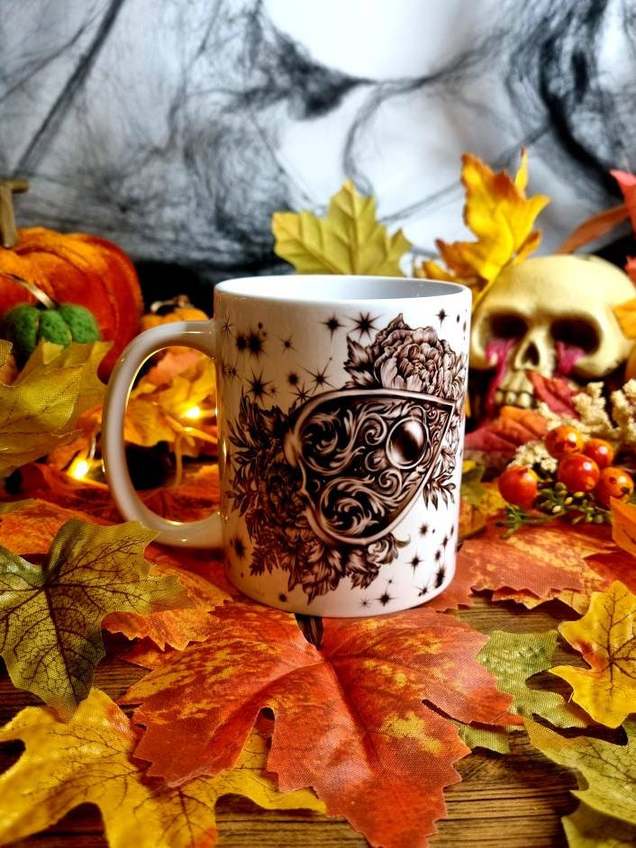 Ouiji plancheet, ouijia, ghothic, illustration ,ghost, art one of a kind, fun, spooky halloween, tea cup, mug, hand pressed