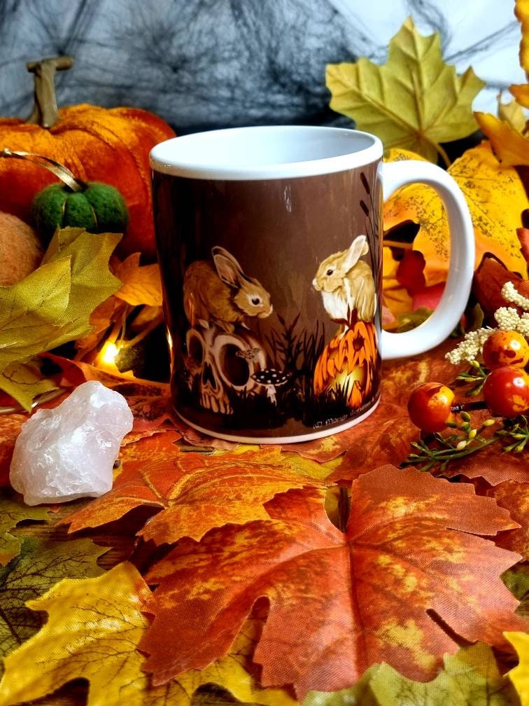 Unique, spooky rabbit halloween pumpkin and skulls design illustration mug ,ceramic cup hand pressed one of a kind creep cute art sketch
