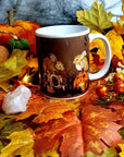 Unique, spooky rabbit halloween pumpkin and skulls design illustration mug ,ceramic cup hand pressed one of a kind creep cute art sketch