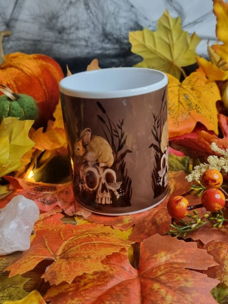 Unique, spooky rabbit halloween pumpkin and skulls design illustration mug ,ceramic cup hand pressed one of a kind creep cute art sketch