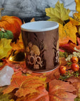 Unique, spooky rabbit halloween pumpkin and skulls design illustration mug ,ceramic cup hand pressed one of a kind creep cute art sketch