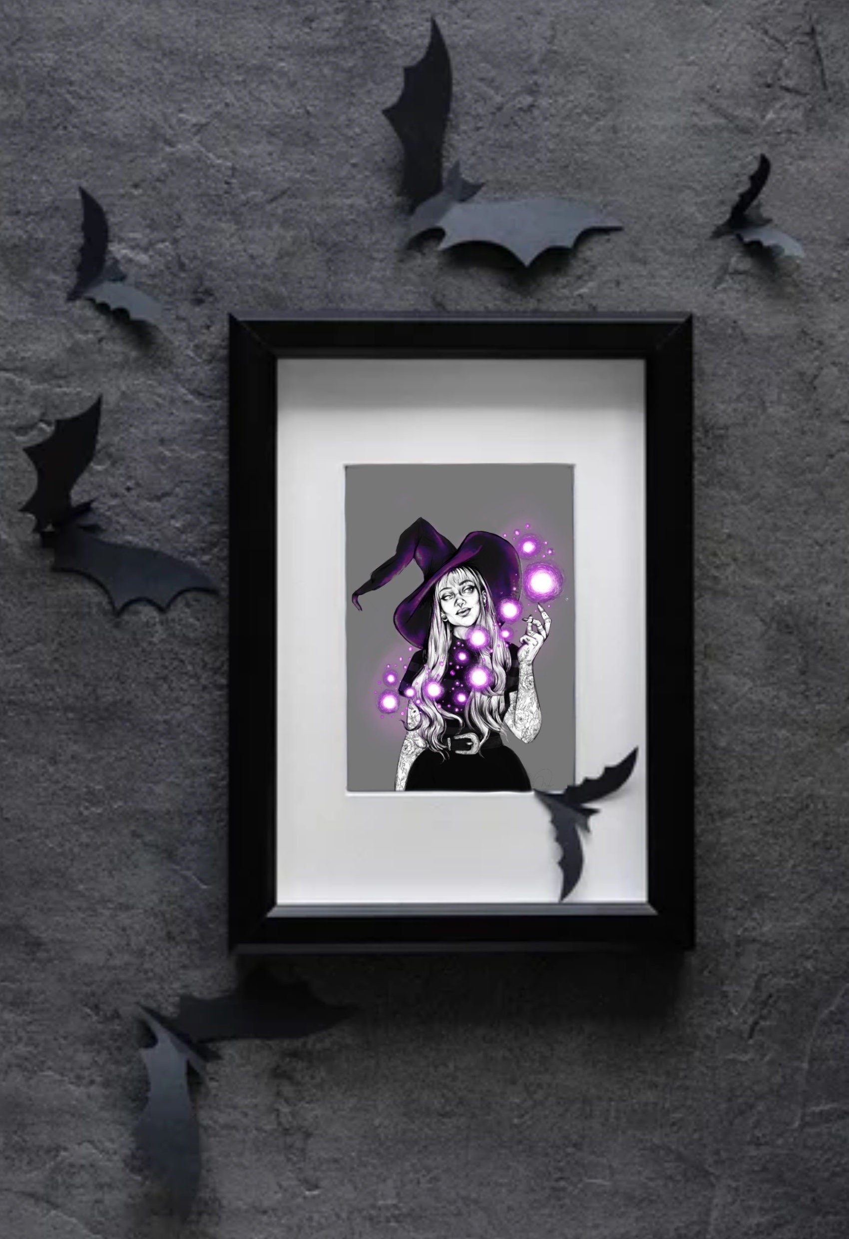 hand drawn Digital, purple, Witch. art print. home decor, gallery print. Purple glowing witch print. Femal portrait. Illustration. Fantasy