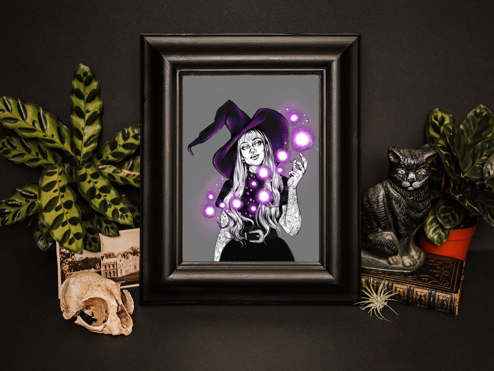 hand drawn Digital, purple, Witch. art print. home decor, gallery print. Purple glowing witch print. Femal portrait. Illustration. Fantasy