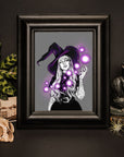 hand drawn Digital, purple, Witch. art print. home decor, gallery print. Purple glowing witch print. Femal portrait. Illustration. Fantasy
