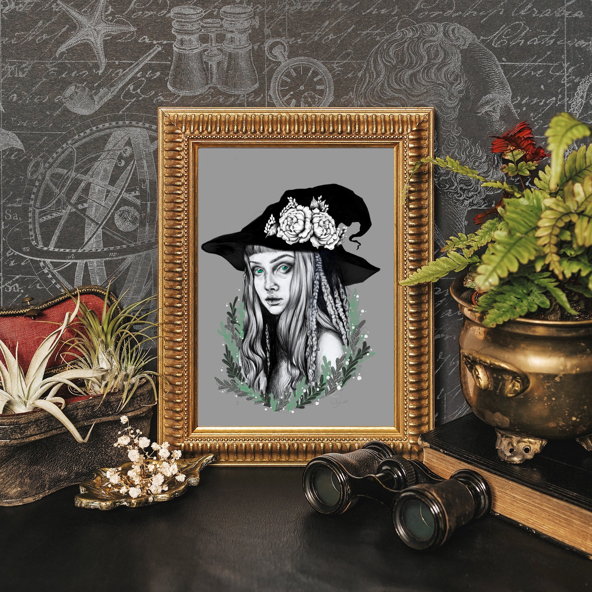 Green witch art/gallery print. wall art. digitally drawn, art print. Magical. Witch. Nature. Green. Portrait.