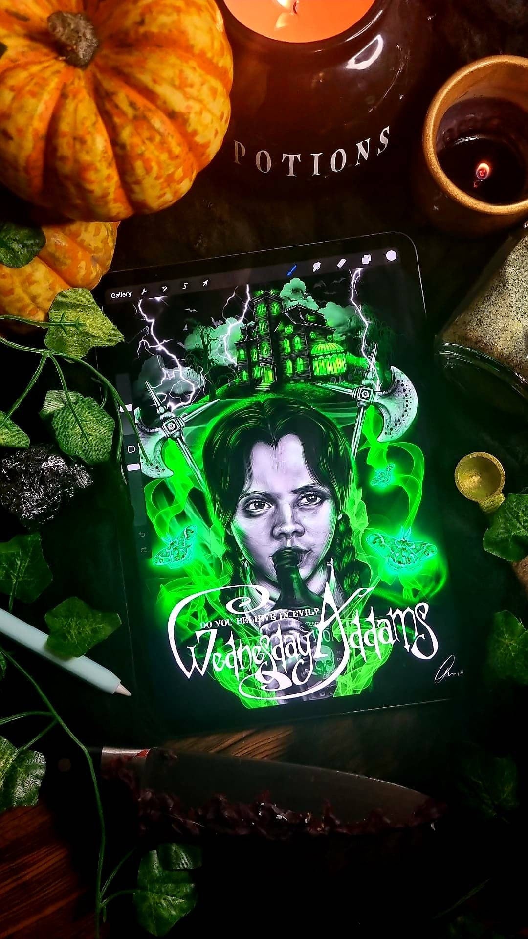 Dramatic, gothic horror halloween one of a kind unique ecofriendly, acid free, Wednesday Adams, illustrstion,art print, wall art home decor