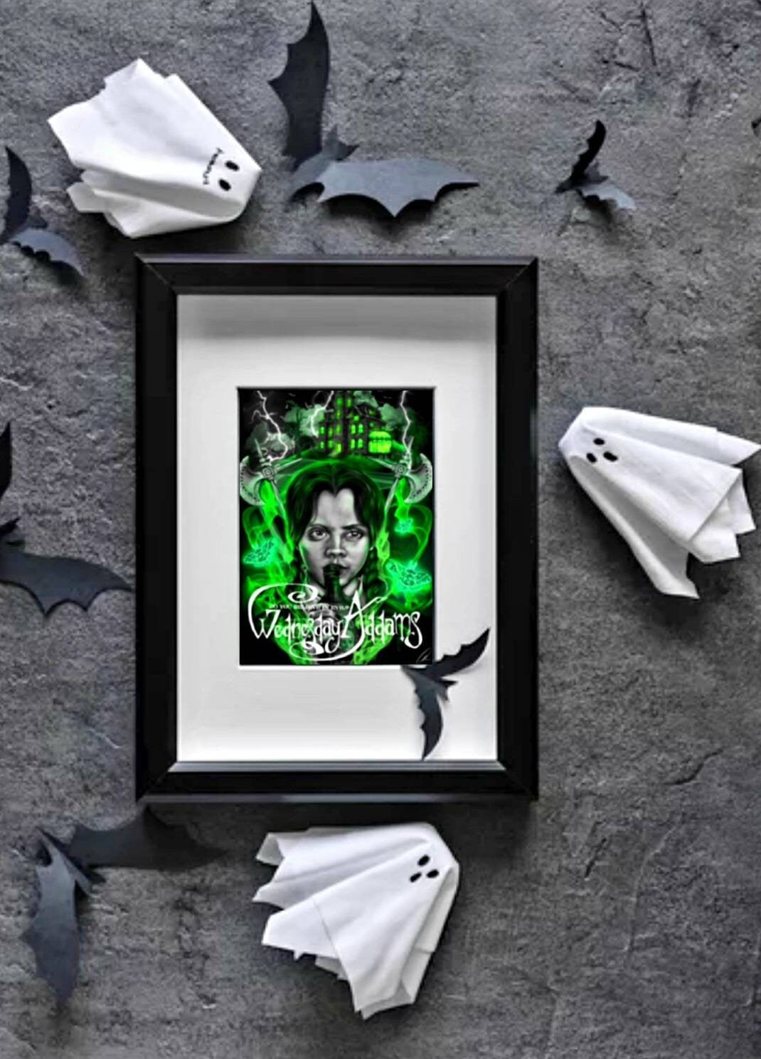 Dramatic, gothic horror halloween one of a kind unique ecofriendly, acid free, Wednesday Adams, illustrstion,art print, wall art home decor