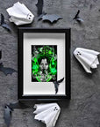 Dramatic, gothic horror halloween one of a kind unique ecofriendly, acid free, Wednesday Adams, illustrstion,art print, wall art home decor