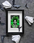 Dramatic, gothic horror halloween one of a kind unique ecofriendly, acid free, Wednesday Adams, illustrstion,art print, wall art home decor