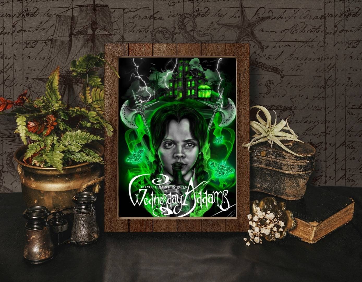 Dramatic, gothic horror halloween one of a kind unique ecofriendly, acid free, Wednesday Adams, illustrstion,art print, wall art home decor