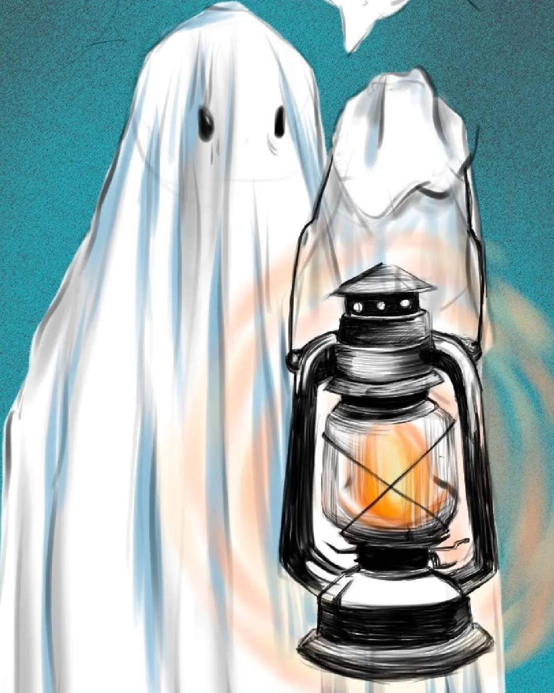 Halloween, sad ghost, bedsheet ghost, cute, illustration, full colour artprints & ecofriendly, waterproof glossy artist sticker, magnets.