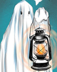Halloween, sad ghost, bedsheet ghost, cute, illustration, full colour artprints & ecofriendly, waterproof glossy artist sticker, magnets.