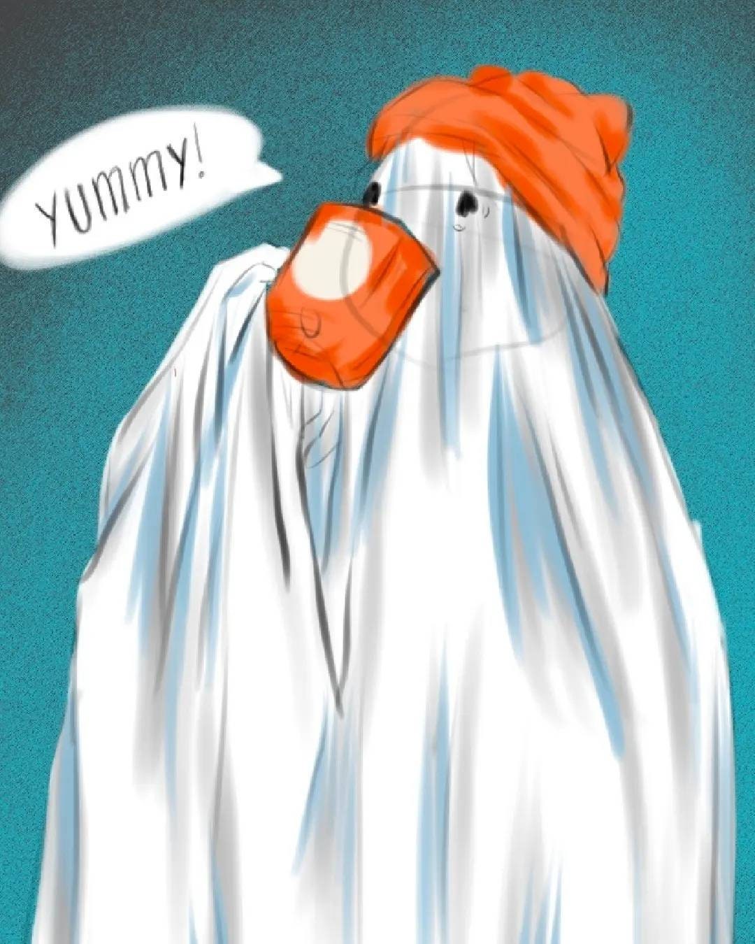 Halloween, sad ghost, bedsheet ghost, cute, illustration, full colour artprints & ecofriendly, waterproof glossy artist sticker, magnets.