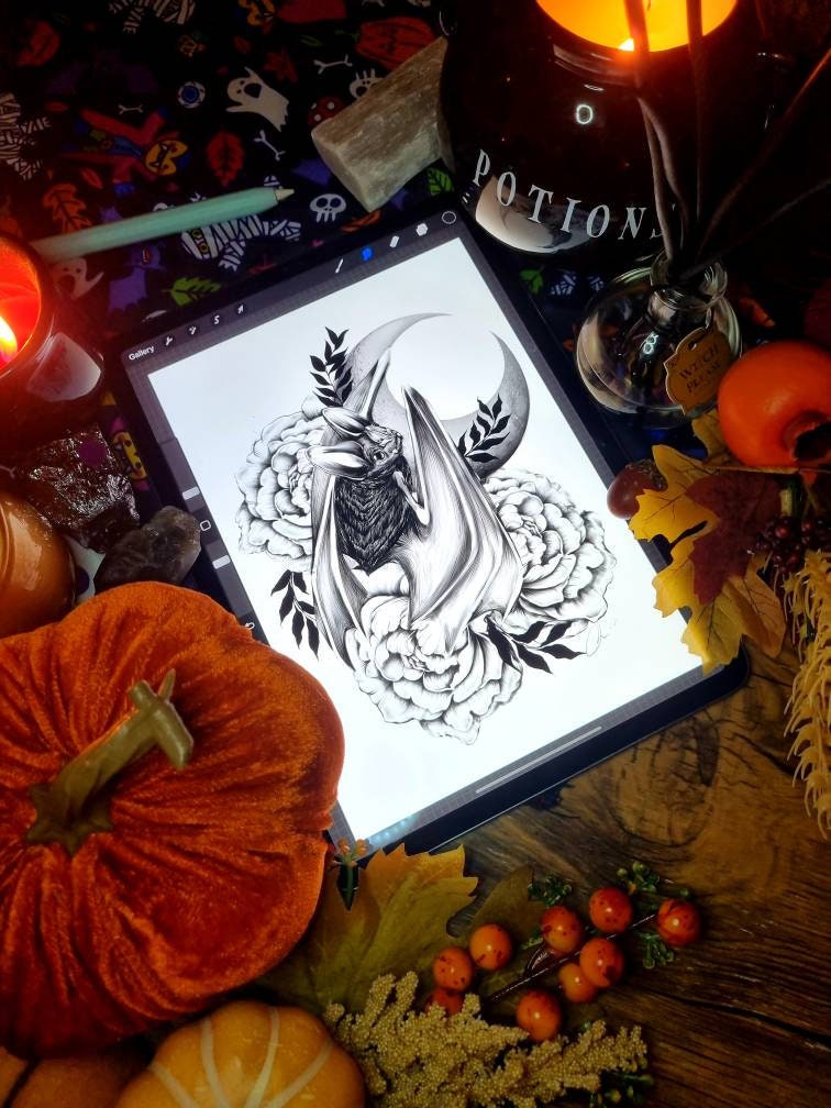 Bat Halloween horror spooky fall tattoo black and white art illustration gallery print