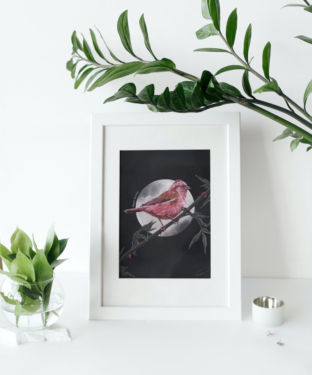 dramatic stunning digital painting colour popping purple finch bird illustration nature wall art perfect for home decor.