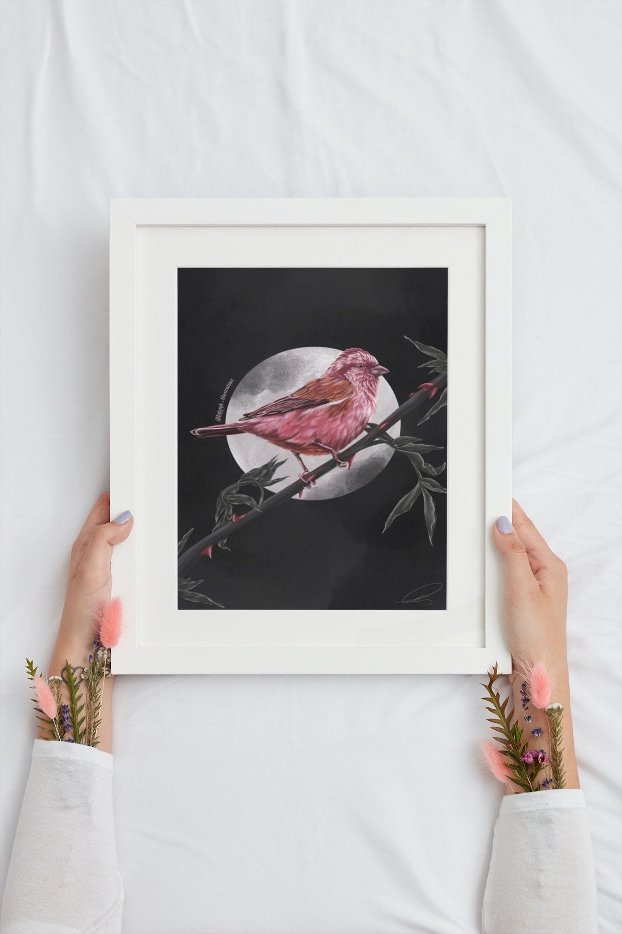 dramatic stunning digital painting colour popping purple finch bird illustration nature wall art perfect for home decor.