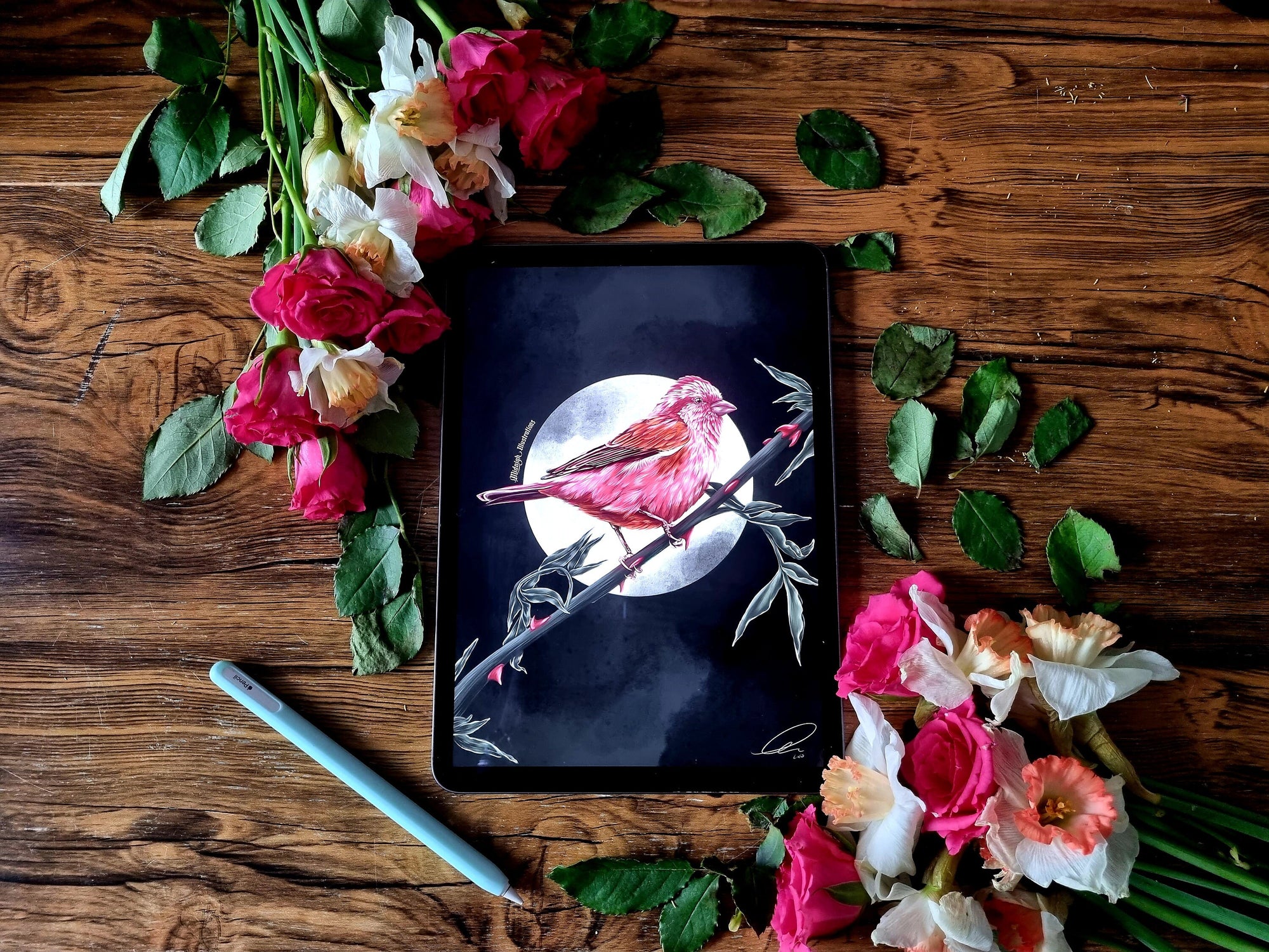 dramatic stunning digital painting colour popping purple finch bird illustration nature wall art perfect for home decor.