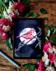 dramatic stunning digital painting colour popping purple finch bird illustration nature wall art perfect for home decor.