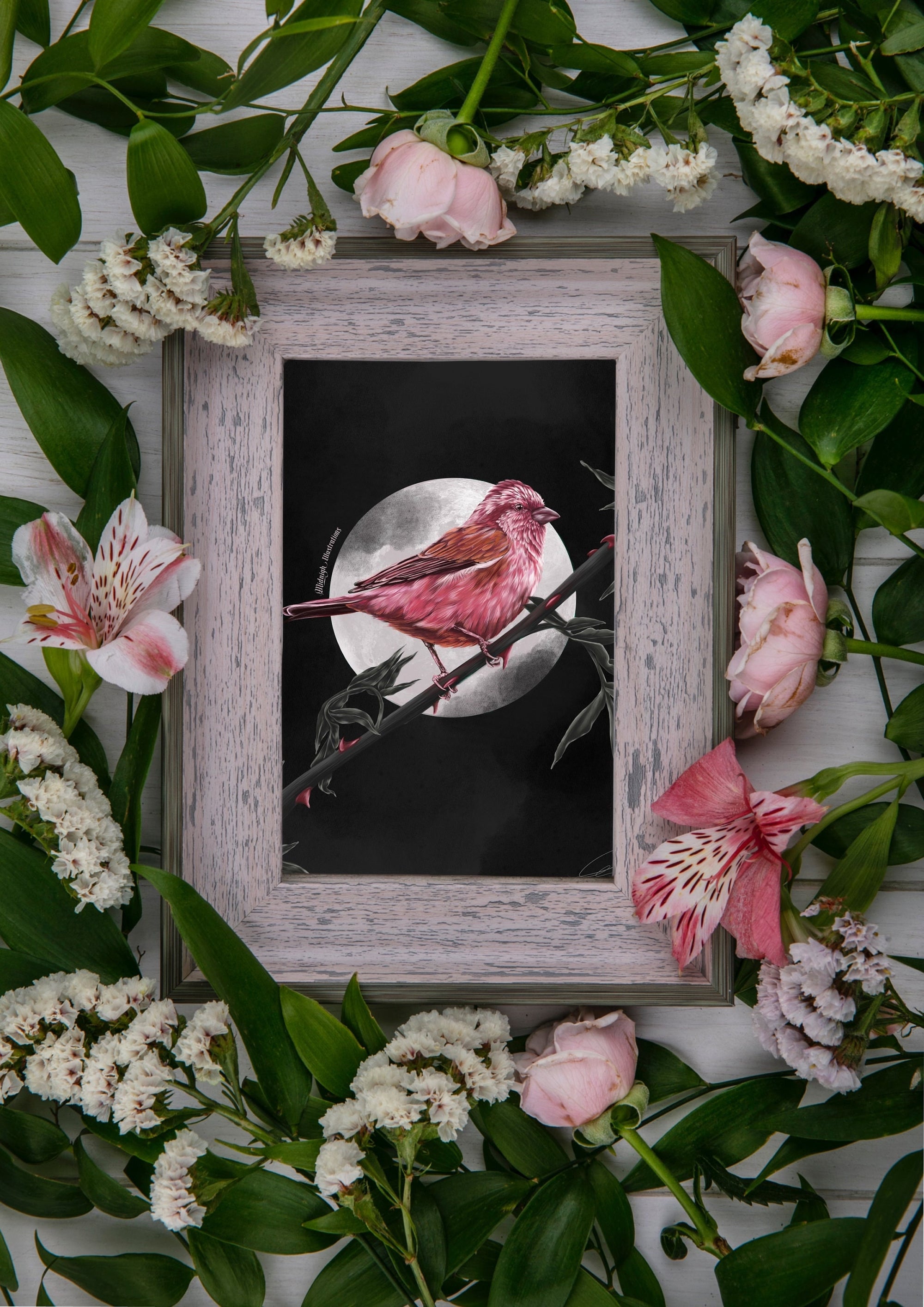 dramatic stunning digital painting colour popping purple finch bird illustration nature wall art perfect for home decor.