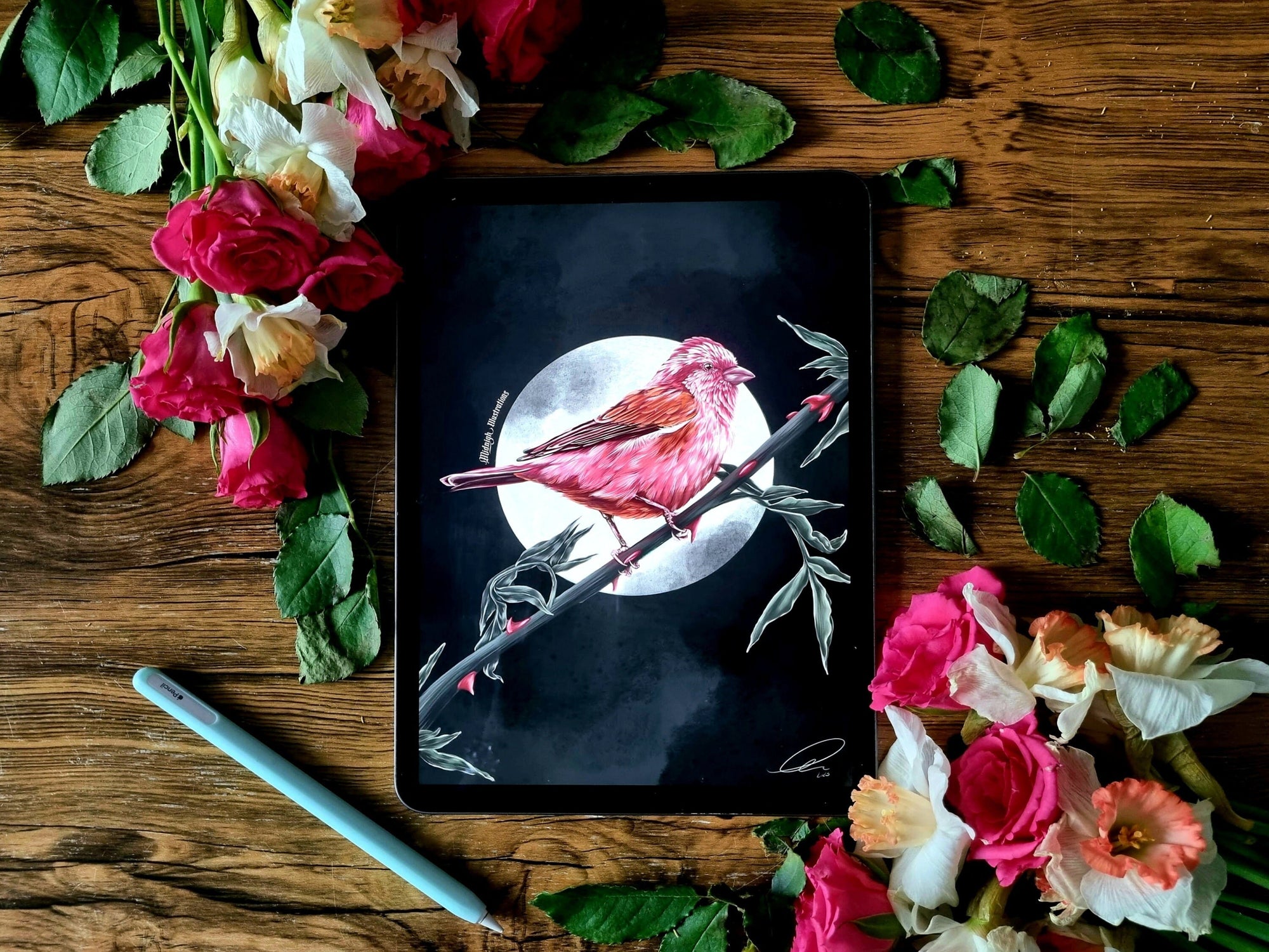 dramatic stunning digital painting colour popping purple finch bird illustration nature wall art perfect for home decor.