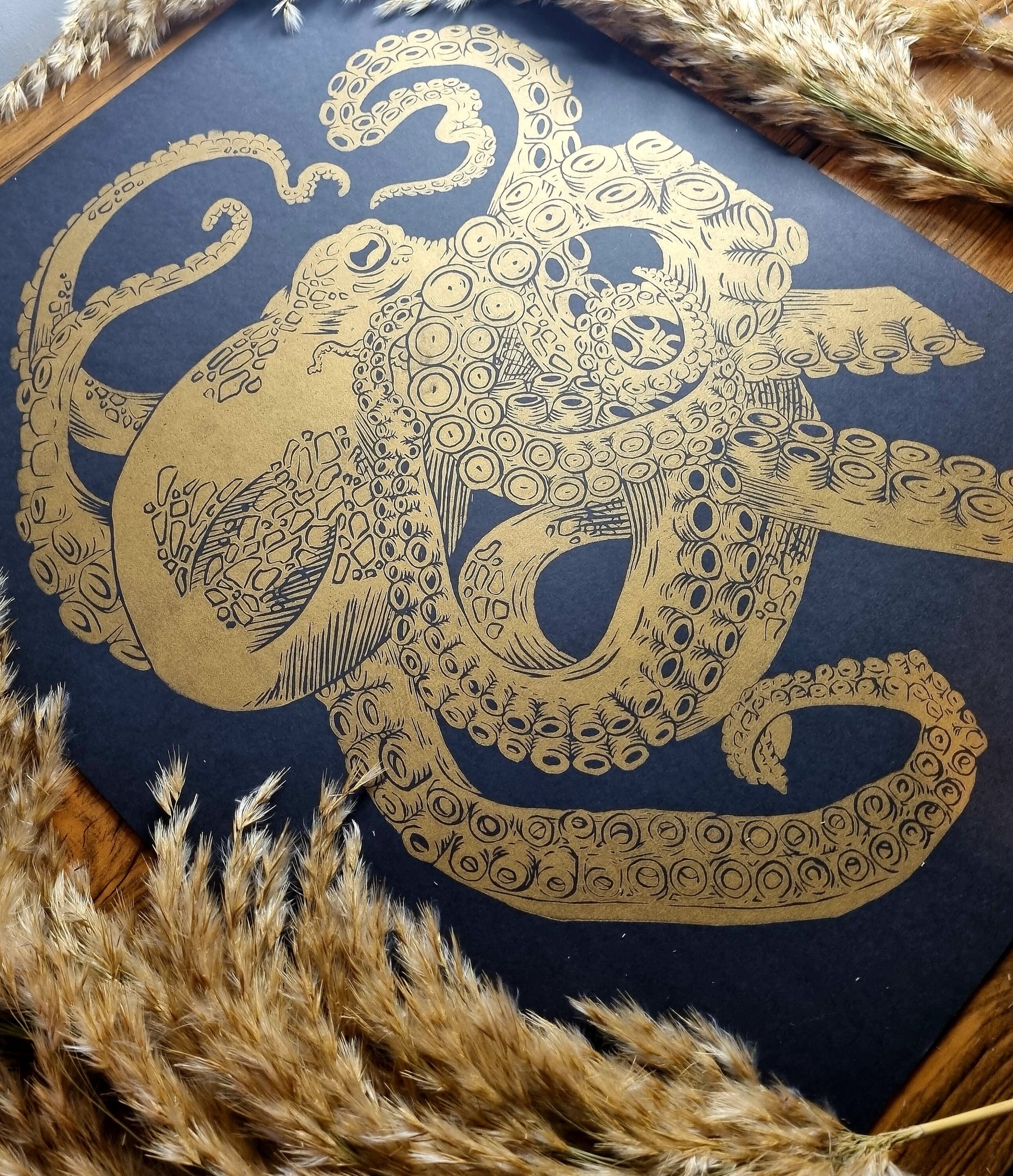 handmade original print one of a kind octopus hand printed and carved minimalist intaglio lino print wall art home decor. Illustration