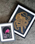 handmade original print one of a kind octopus hand printed and carved minimalist intaglio lino print wall art home decor. Illustration