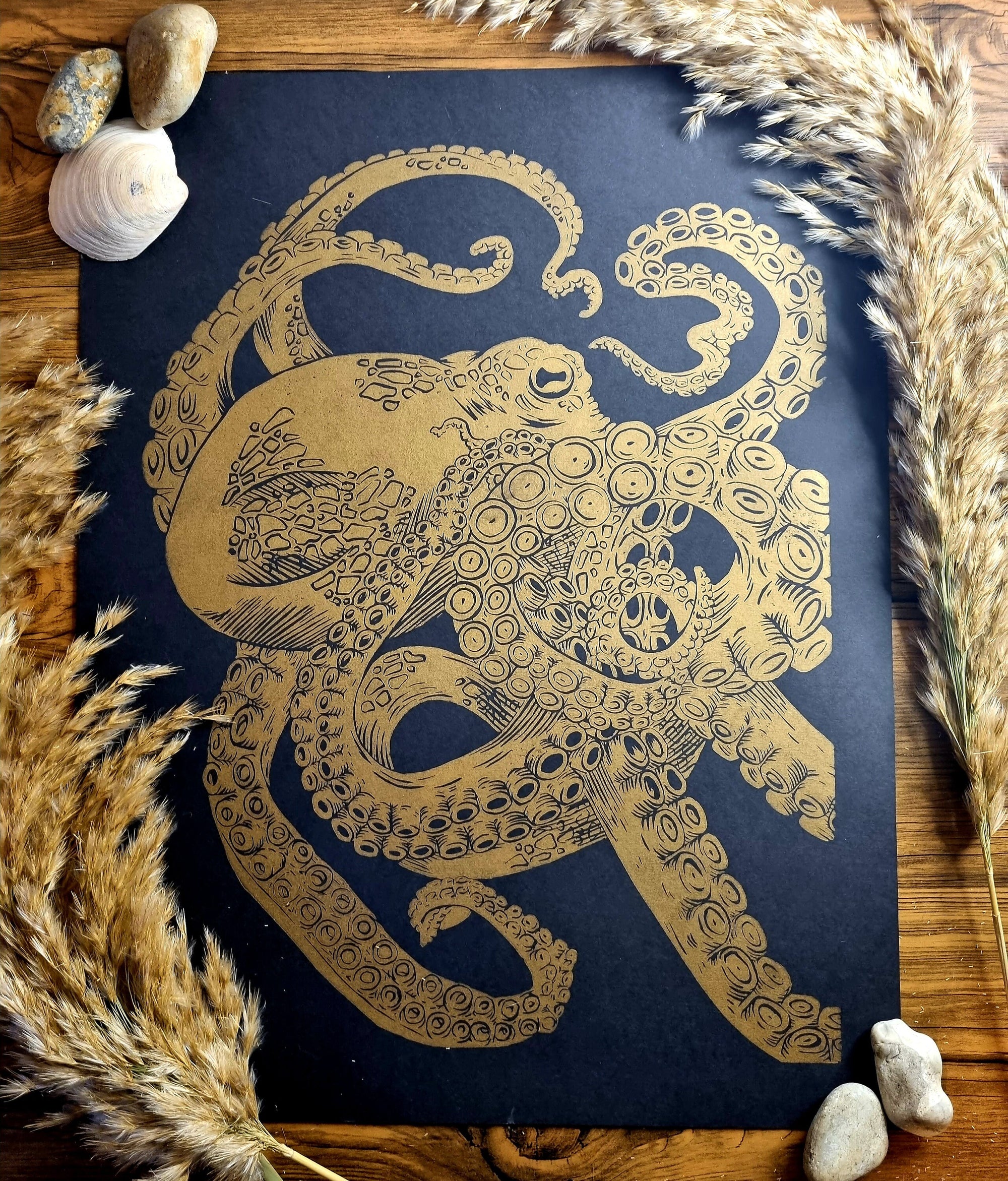 handmade original print one of a kind octopus hand printed and carved minimalist intaglio lino print wall art home decor. Illustration