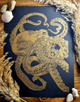 handmade original print one of a kind octopus hand printed and carved minimalist intaglio lino print wall art home decor. Illustration