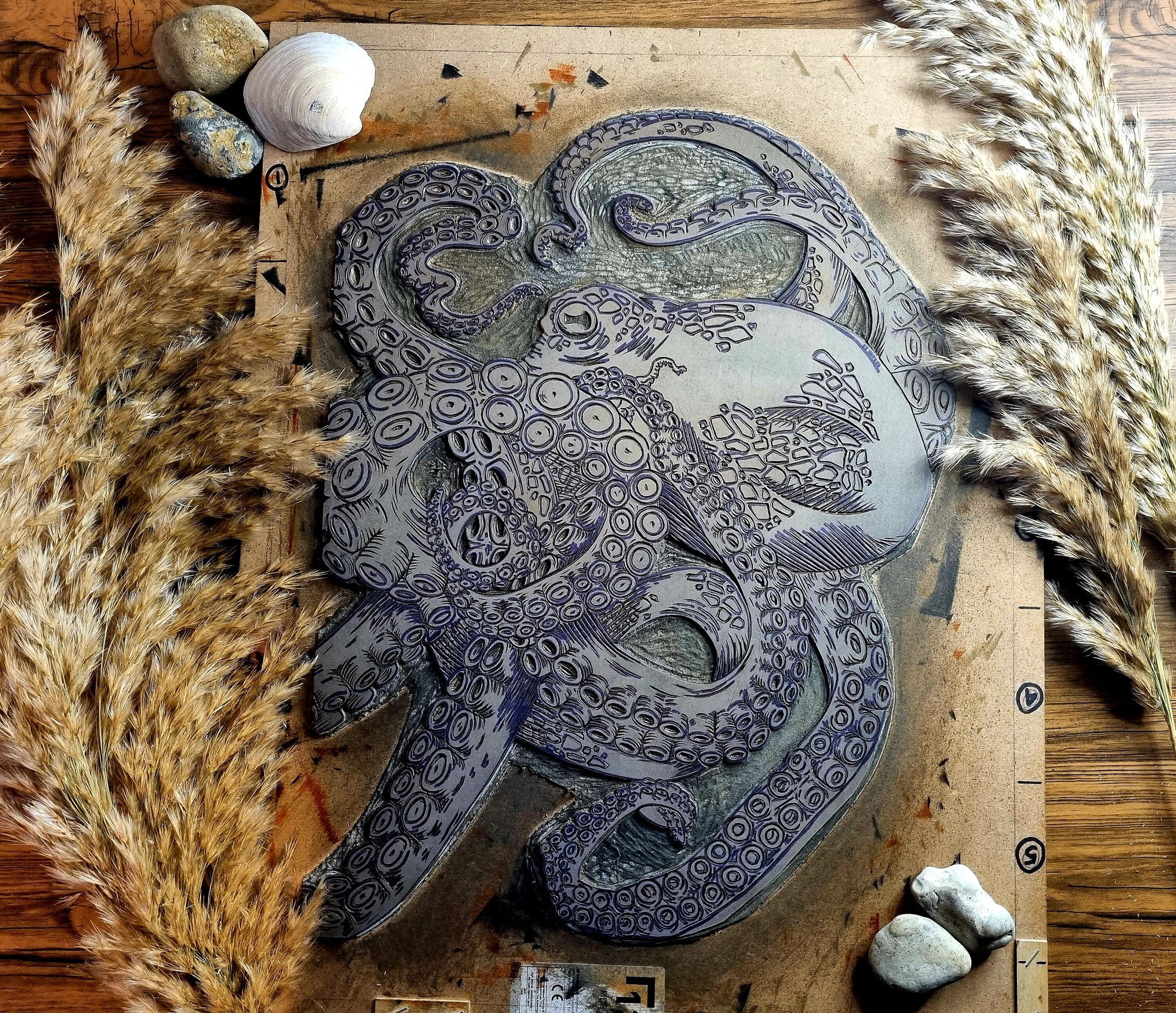 handmade original print one of a kind octopus hand printed and carved minimalist intaglio lino print wall art home decor. Illustration