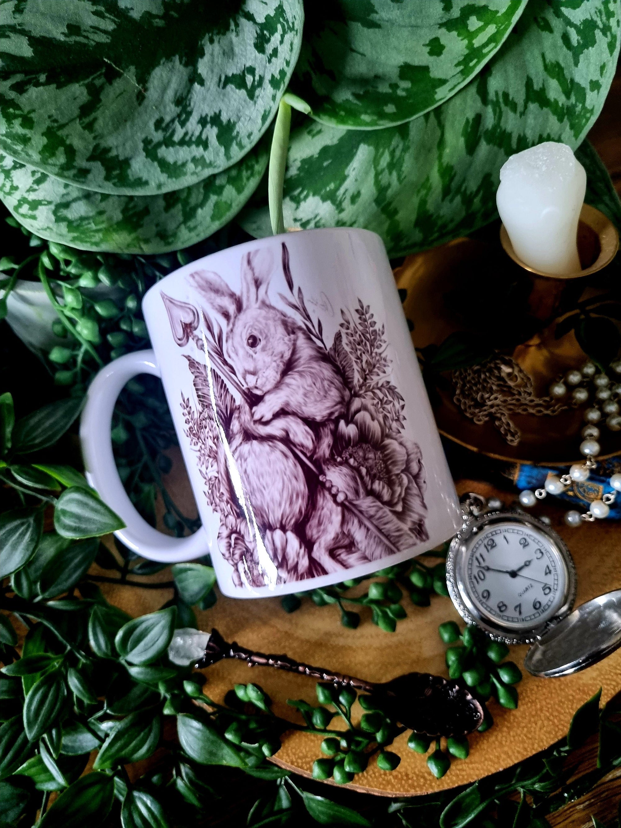 Unique design functional art sublimation rabbit illustration mug black & white monochrome perfect gift home decor Alice in wonderland