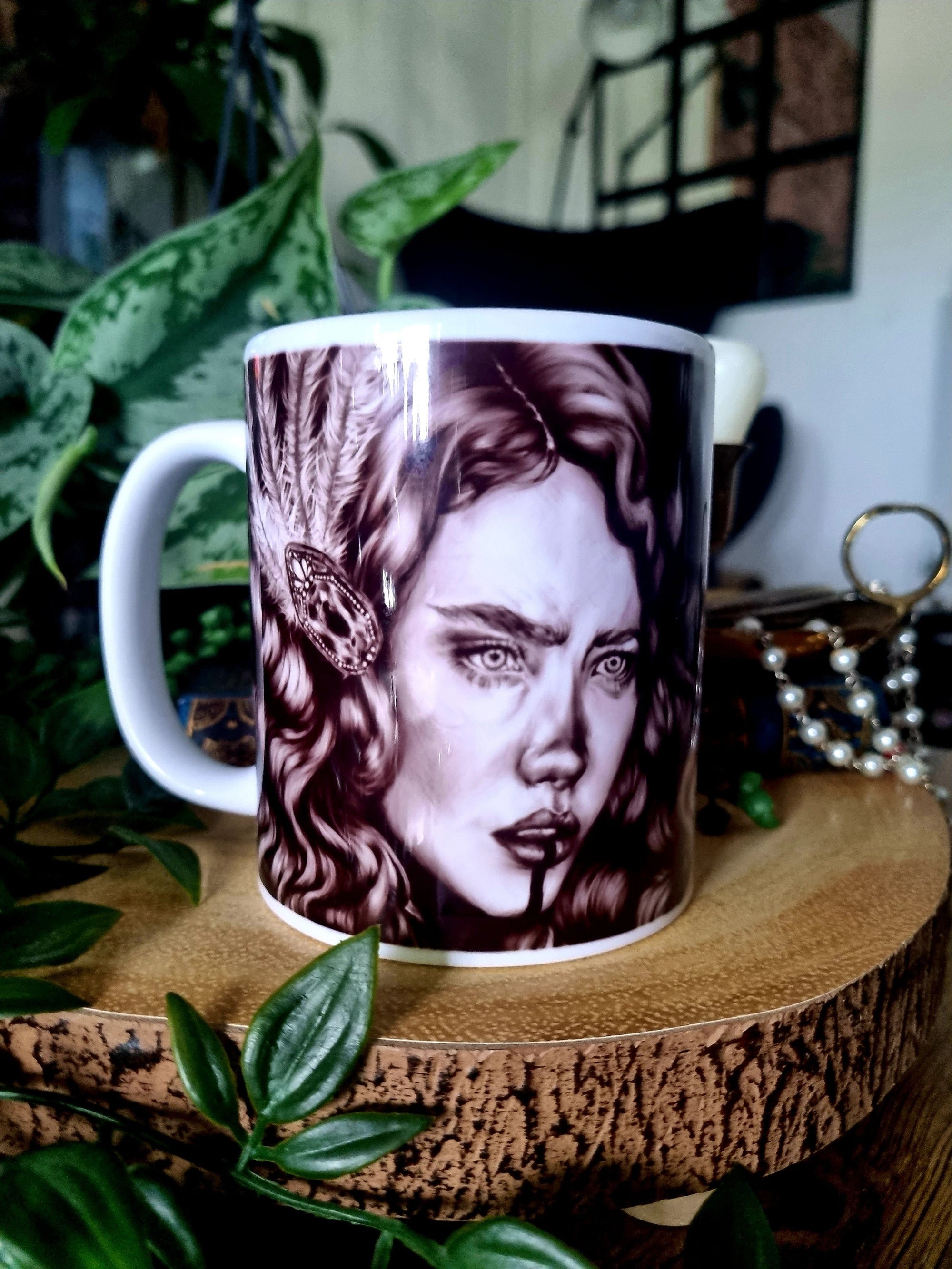 One of a kind design functional art sublimation illustration mug with black & white vintage flapper pinup girl perfect gift and home decor