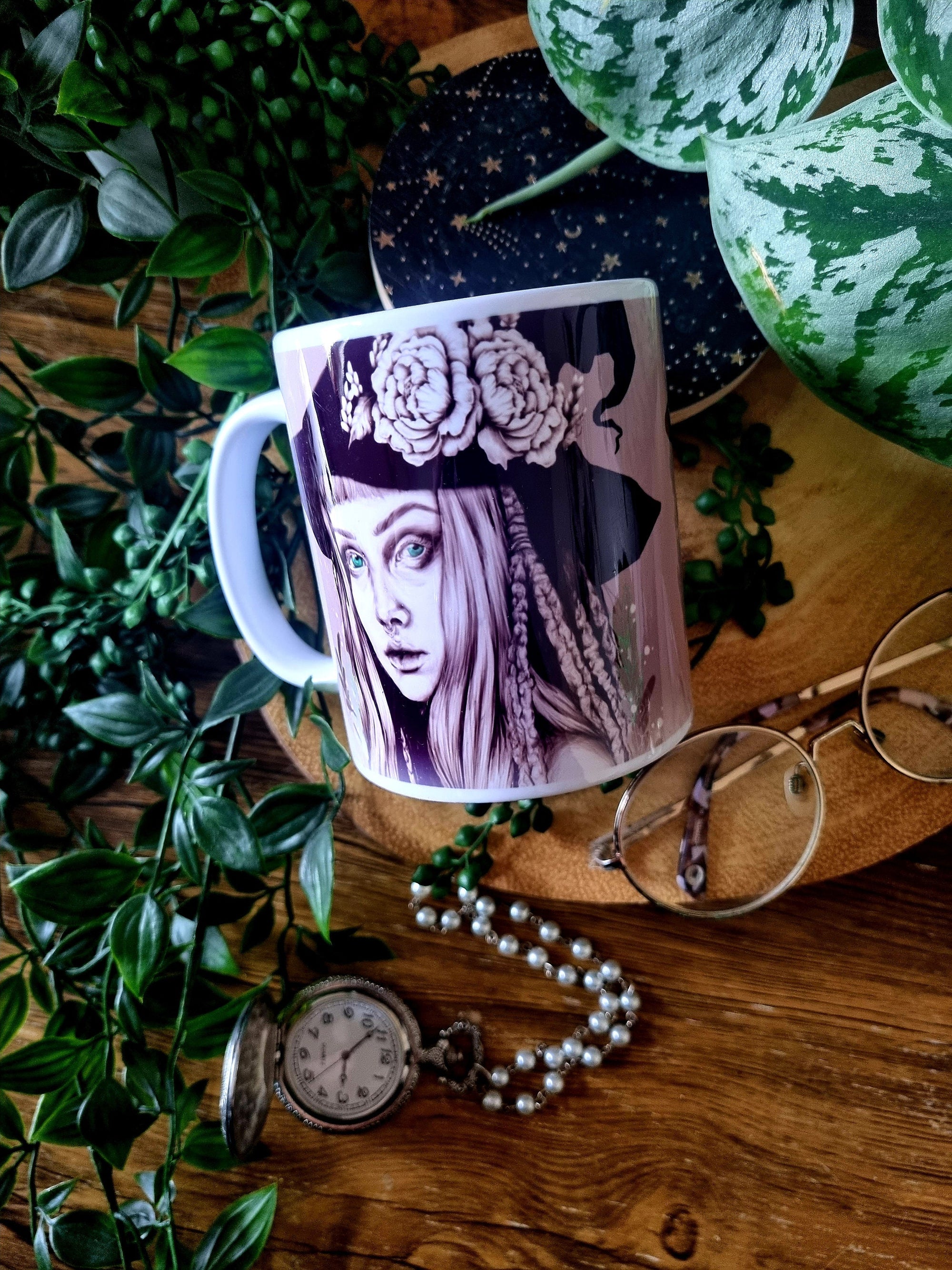 Unique beautiful green witch dark academia gothic halloween mug perfect gift or home decor art mug functional art coffee mug spooky vibes