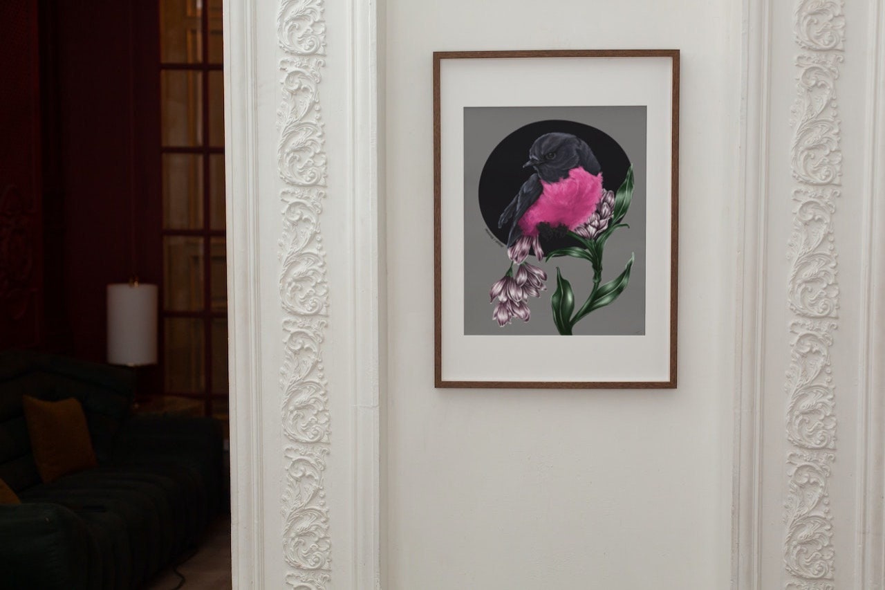 beautiful modern digital painting colour popping pink robin bird illustration nature wall art perfect for home decor.