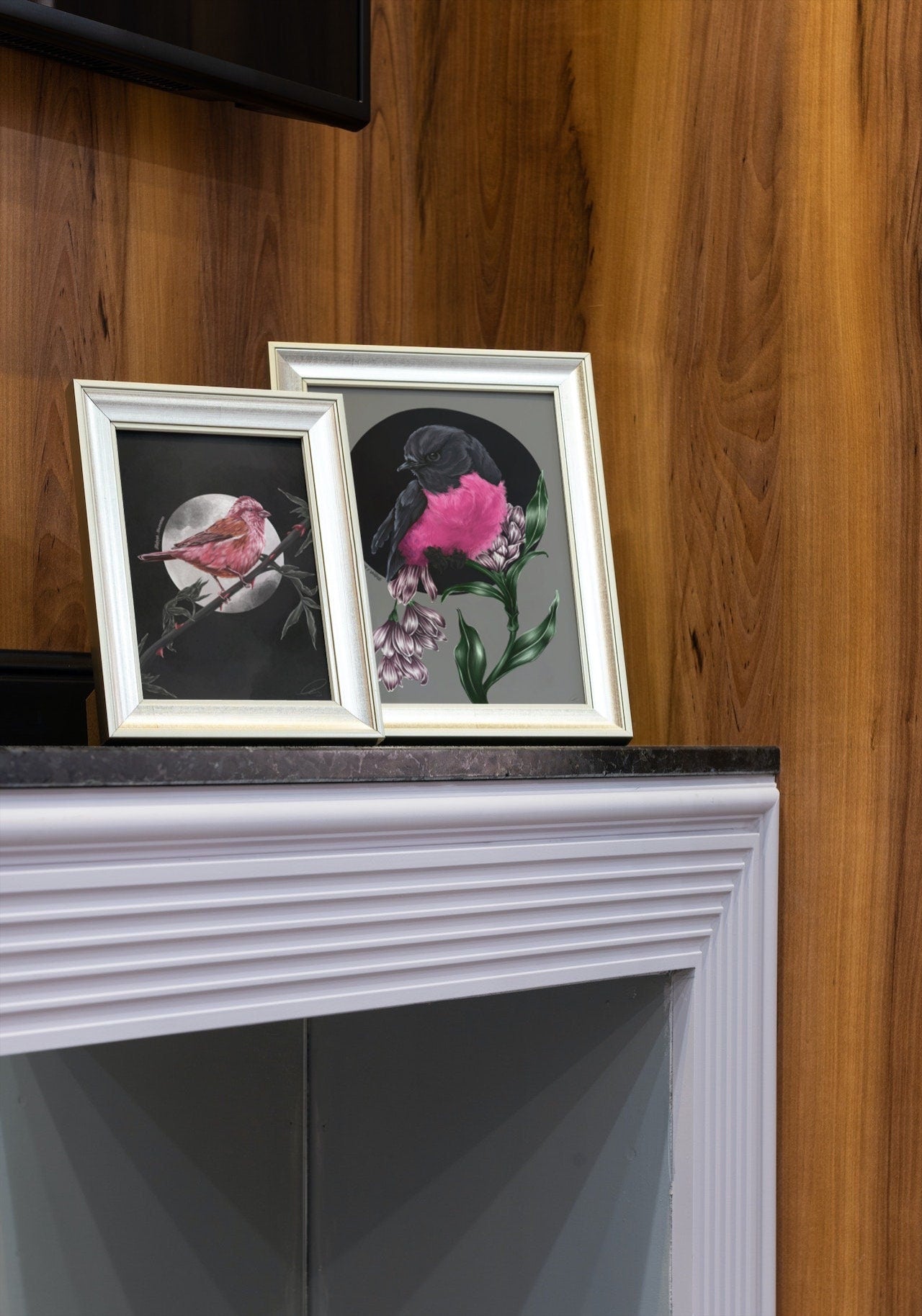 beautiful modern digital painting colour popping pink robin bird illustration nature wall art perfect for home decor.