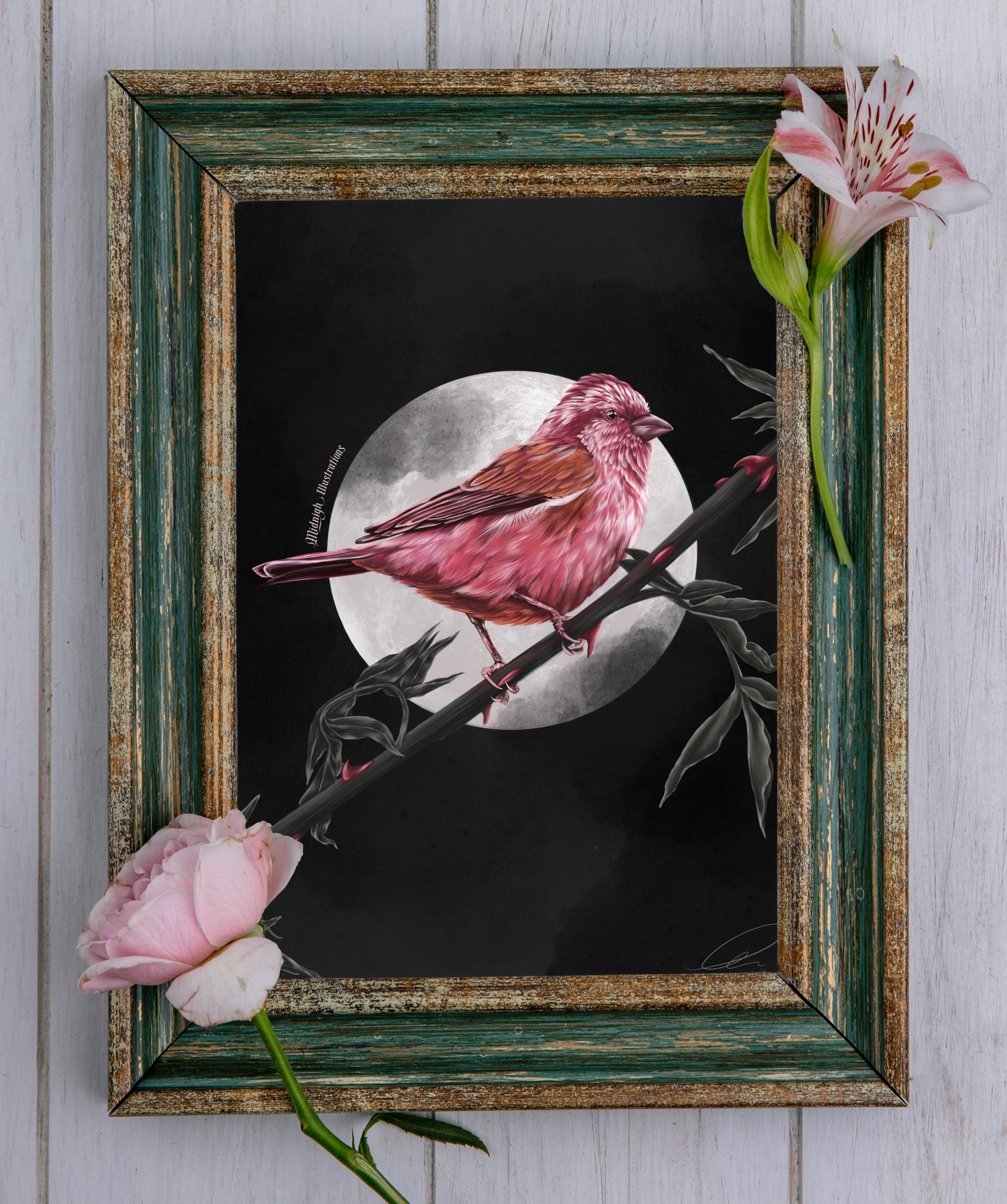 dramatic stunning digital painting colour popping purple finch bird illustration nature wall art perfect for home decor.